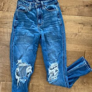 denim high rise mom jeans with knee rips